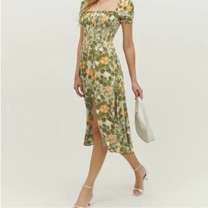Reformation Inka Smocked Green and Orange Floral Midi Dress